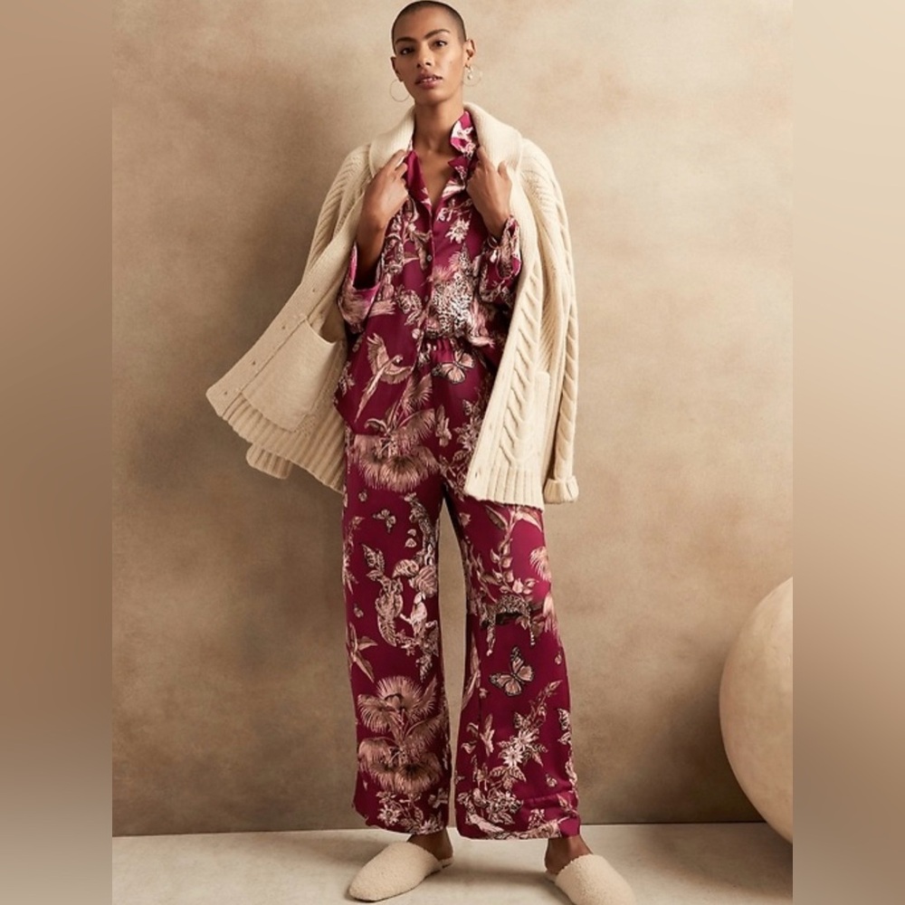 Woman’s Banana Republic Tropical Tiger Parrot Floral Print Wide-Leg Pajamas ~ L